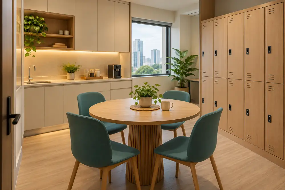 Concept illustration: Compact clinic staff break room with separate personal lockers, small round oak dining table, cream pantry and teal chairs, no medical equipment or signage