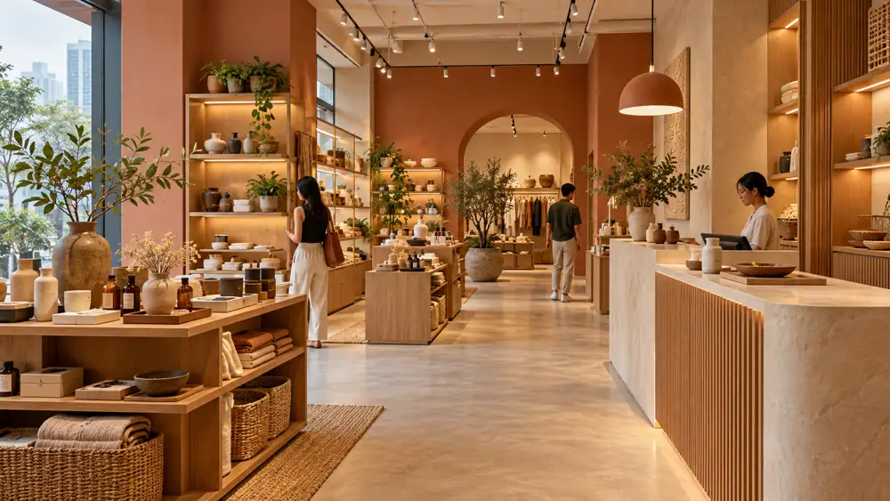 Editorial illustration of a boutique Singapore retail shop interior with modular display shelving, clear customer circulation, reception counter and warm track lighting, clay and oak palette.