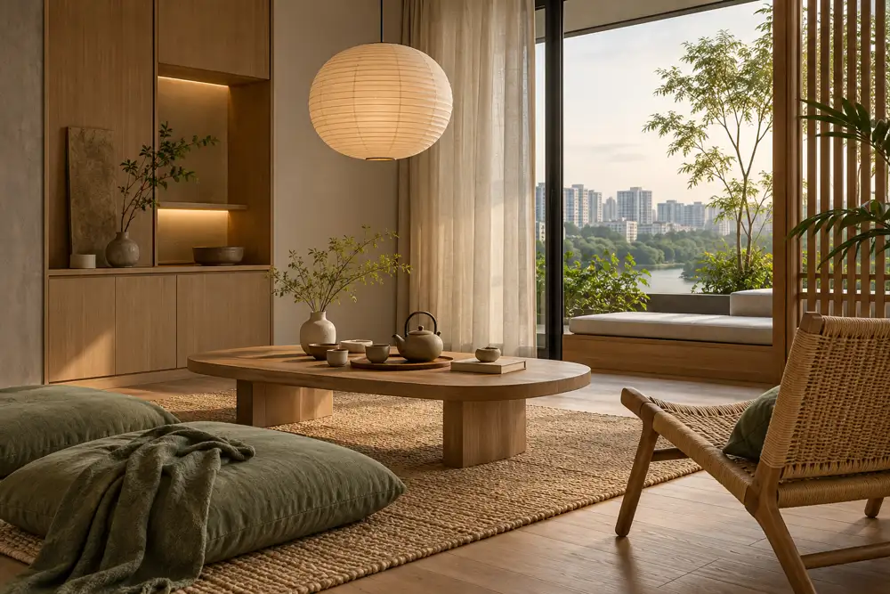 Editorial illustration of a distinct Japandi apartment tea and reading area with low oak table, paper pendant, woven chair, concealed storage and muted green textiles, asymmetrical quiet composition.