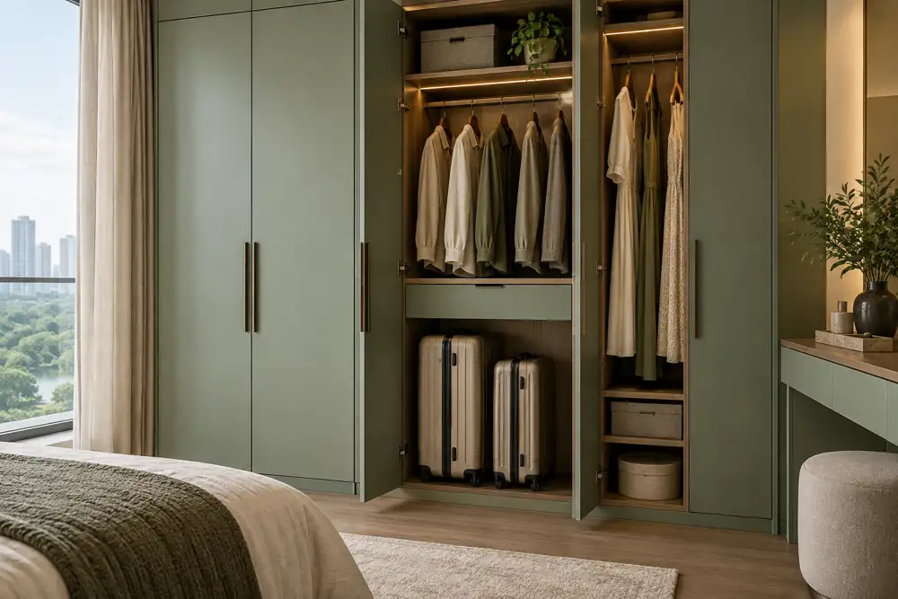 Concept illustration: A detailed view of bespoke sage green wardrobe storage with an accessible tall lower compartment containing two plain suitcases upright, separate hanging clothes and a shallow drawer, no labels