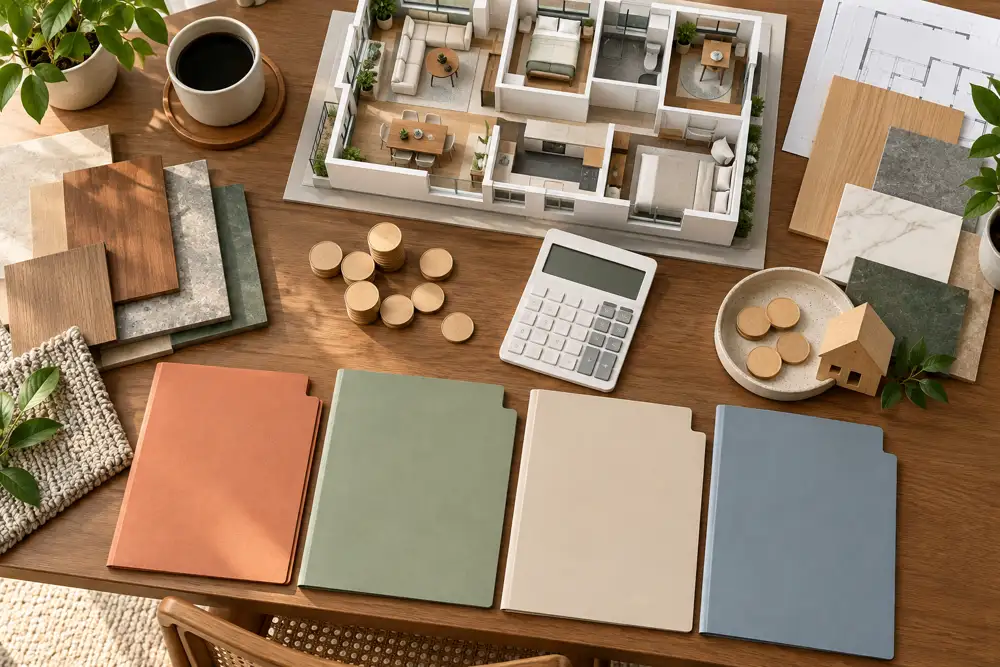 Editorial illustration of editorial top-down renovation cost planning desk with four distinct blank folders, room-by-room house model, calculator with blank screen, coin-like plain wooden counters and material palette.
