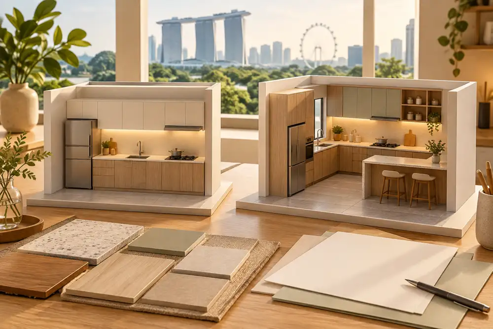 Editorial illustration of editorial kitchen scope comparison using two small physical kitchen models, one simple retained-layout refresh and one larger cabinet rebuild, swatch cards and blank proposal pages, warm ivory backdrop.