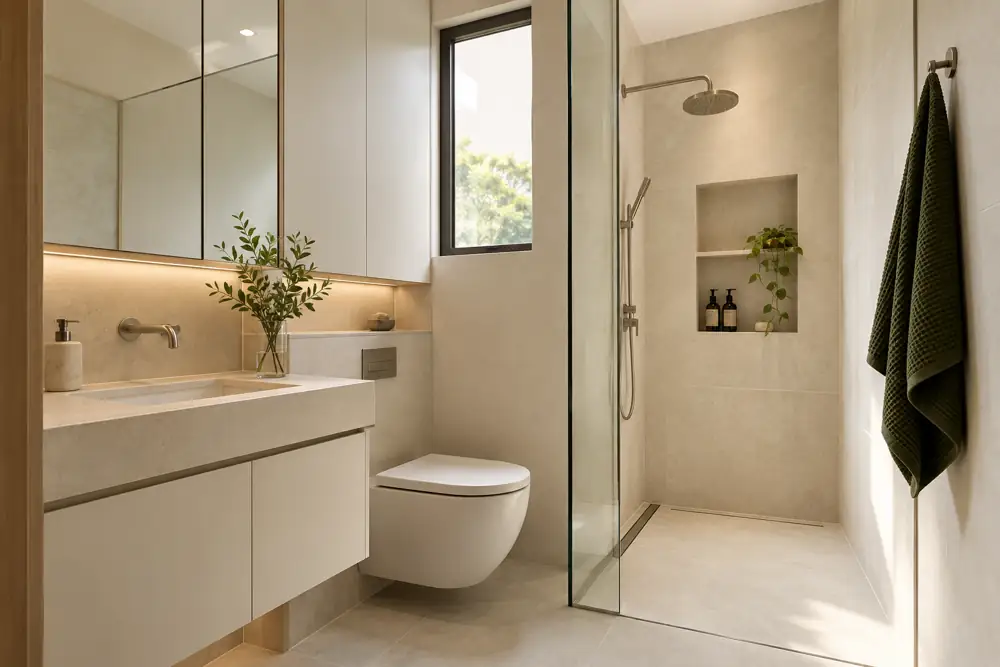 Concept illustration: Minimalist compact bathroom in warm ivory with flush storage, simple basin, recessed shower shelf and visible cleanable junctions, one deep green towel, soft daylight