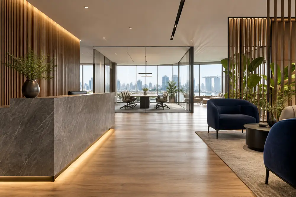 Concept illustration: Contemporary office entrance viewed along a clear route from stone reception desk to glass meeting room, navy visitor chairs, contrasting warm timber floor zones, no signage