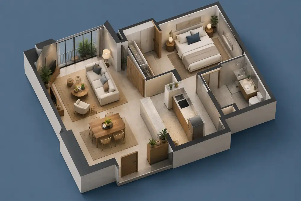 Concept illustration: Axonometric home concept with finished warm living zone and separate simply furnished bedroom zone, clear circulation between rooms, slate blue background