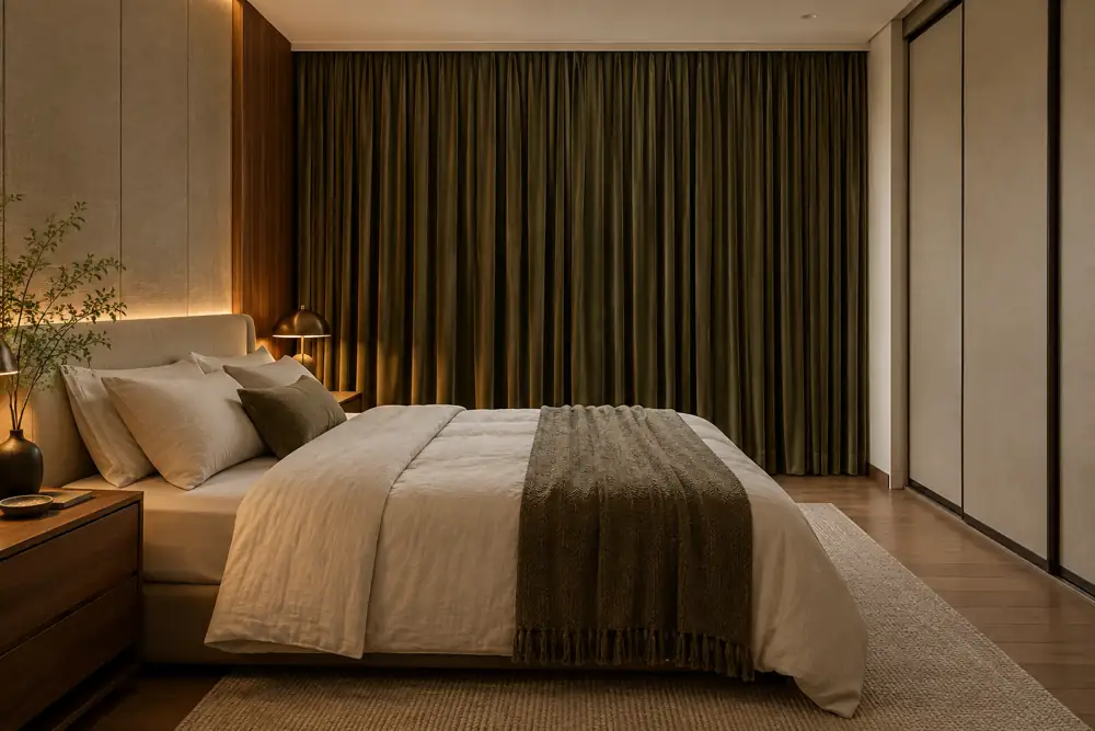 Concept illustration: A calm Singapore apartment bedroom at daytime with layered dark olive curtains closed, warm walnut bedside drawers, dim indirect amber bedside light, pale linen bed and closed sliding wardrobe