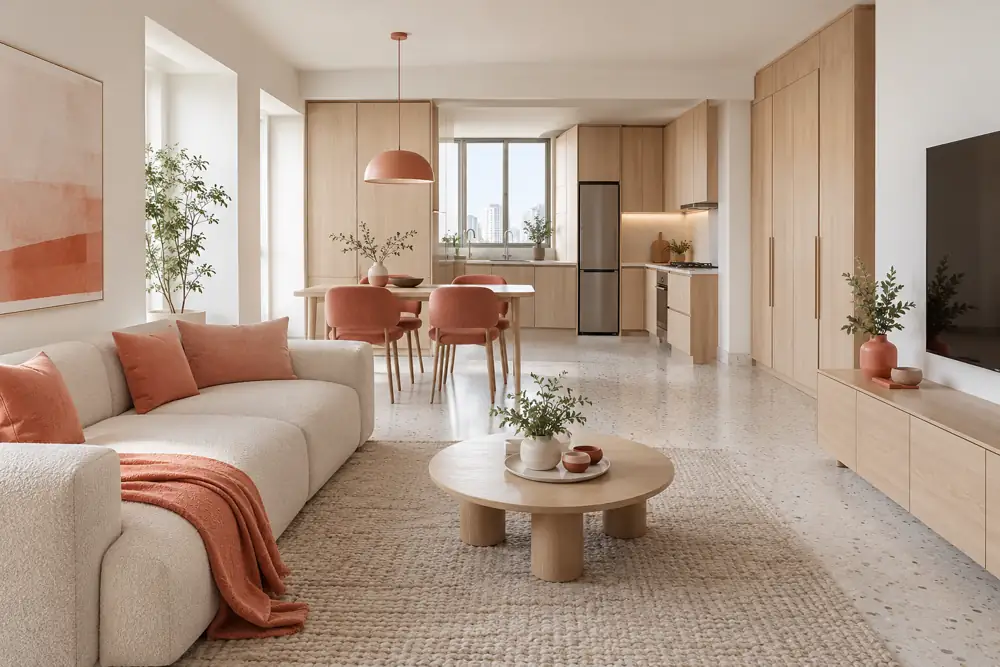Concept illustration: New Singapore BTO living dining space with completed pale oak kitchen and wardrobe joinery, retained plain white walls and terrazzo floor, subtle coral furnishings