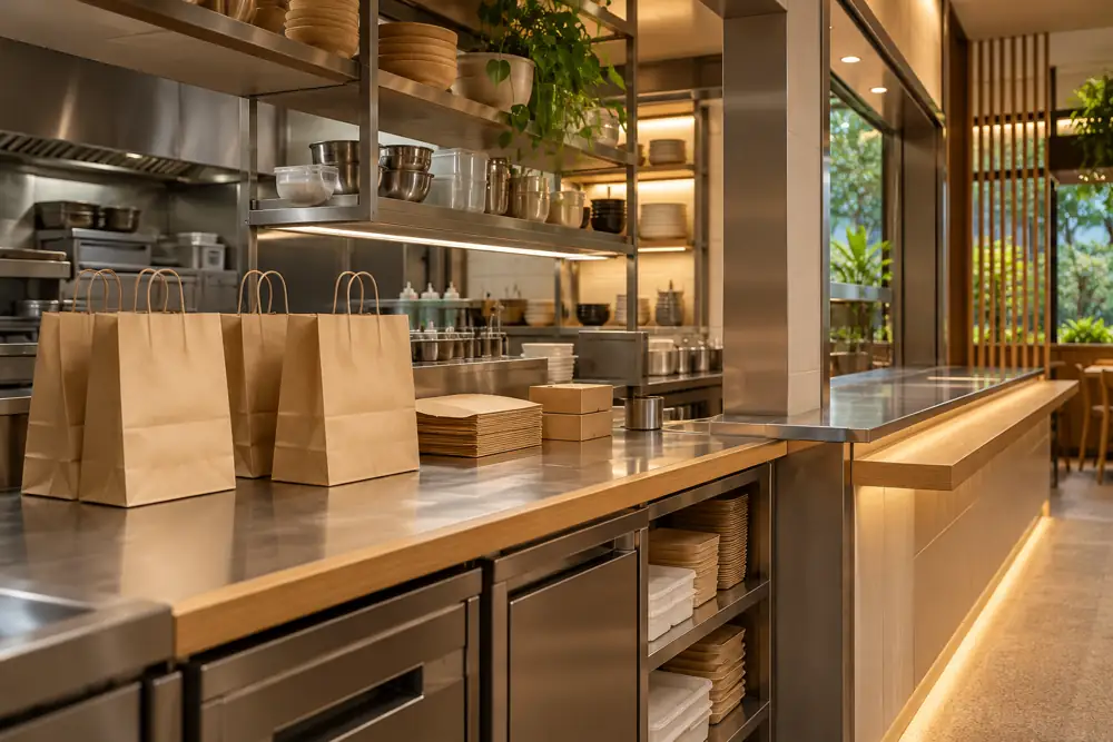 Concept illustration: Restaurant back-of-house packing station with timber-edged stainless counter, blank takeaway bags, separate open shelves and clear pickup ledge, warm practical lighting