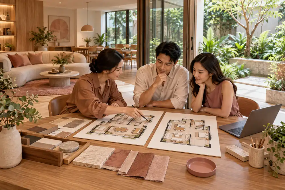 Editorial illustration of a professional design consultation table in an airy apartment studio with two distinctly different unlabelled layout options, curved pale sofa and botanical courtyard view, dusty rose and oak palette.