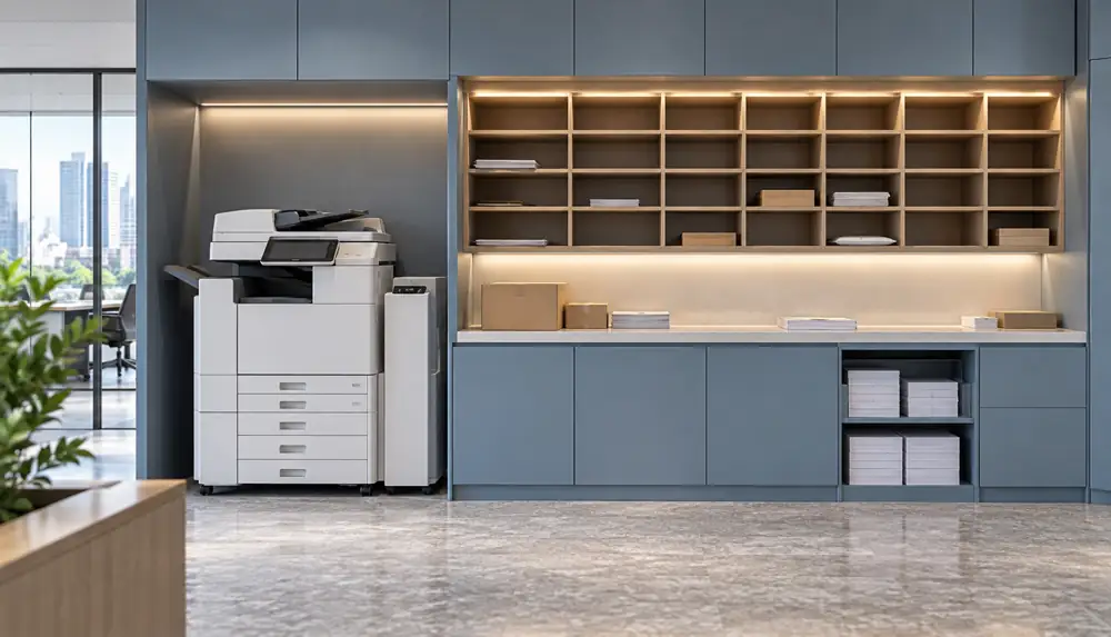 Concept illustration: A professional office print and mail alcove with a large plain multifunction printer, parcel sorting counter, unlabelled cubby shelves and concealed paper storage, soft blue cabinetry, no signs