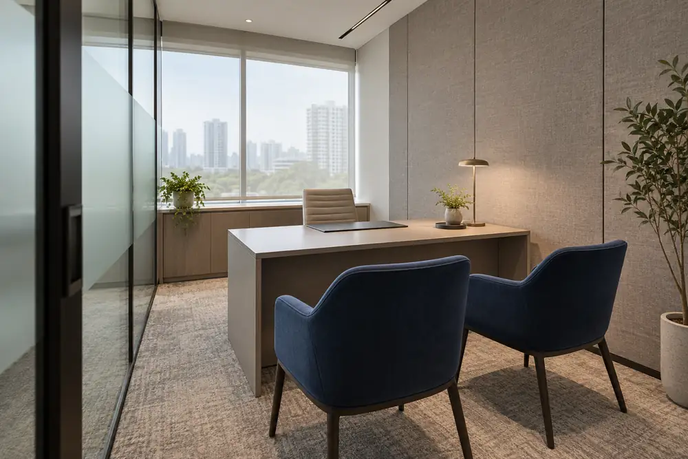 Concept illustration: Compact professional office interview room with two navy chairs facing one warm grey desk, frosted glass side wall, acoustic fabric panel and soft daylight