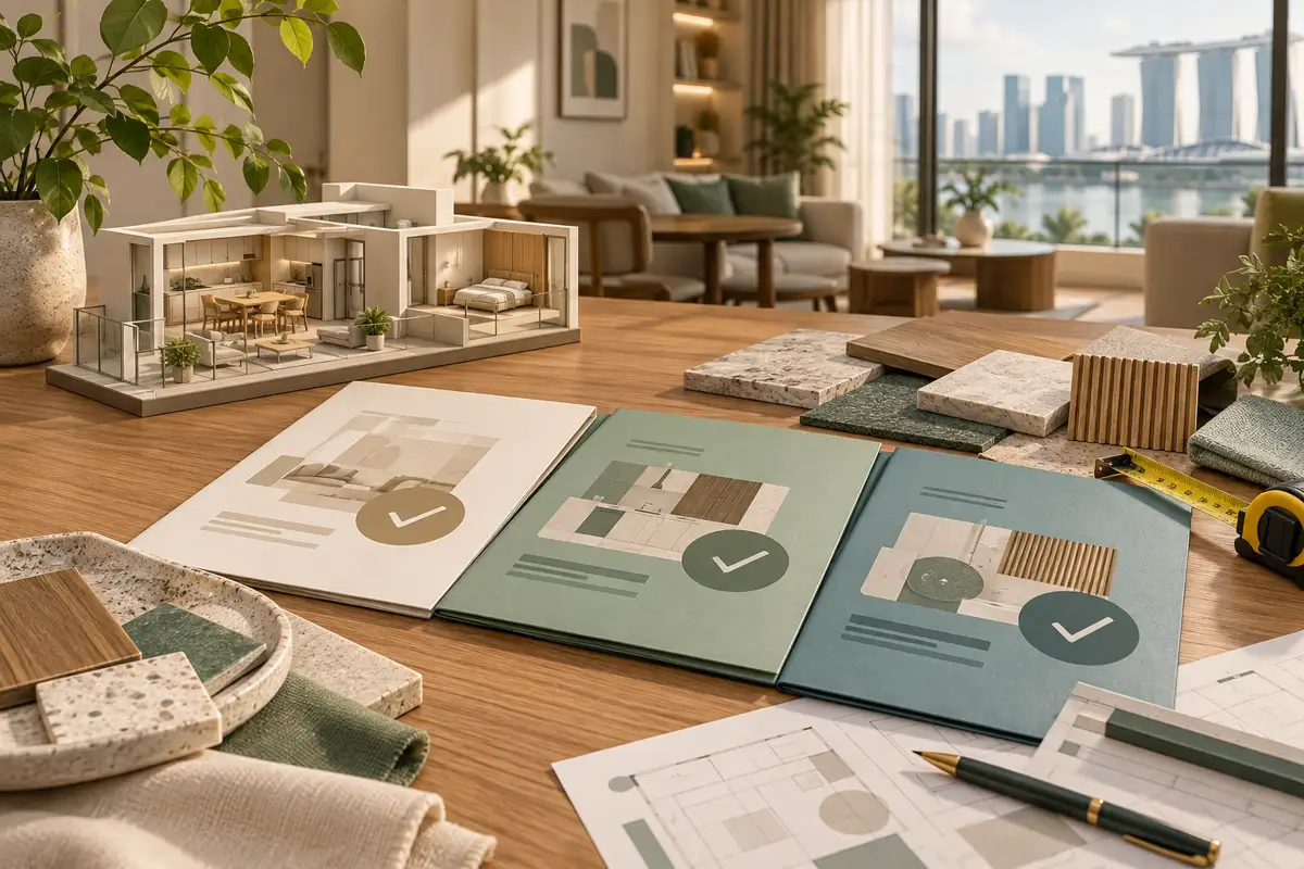 Illustrative renovation planning desk with apartment model, proposal folders and material samples.