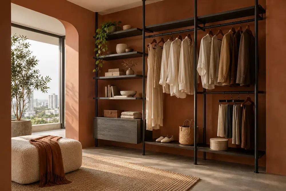 Editorial illustration of a black aluminium pole wardrobe in a terracotta dressing alcove, floating shelves and neatly hung neutral clothing, side view revealing uprights.