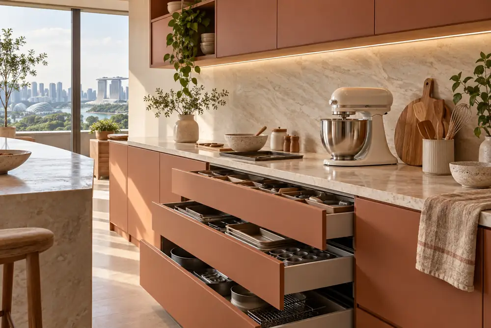 Concept illustration: A cream Singapore apartment kitchen baking station with a stand mixer on a deep pale stone counter, broad drawers slightly open showing trays and baking tins, warm terracotta cabinetry and no food labels