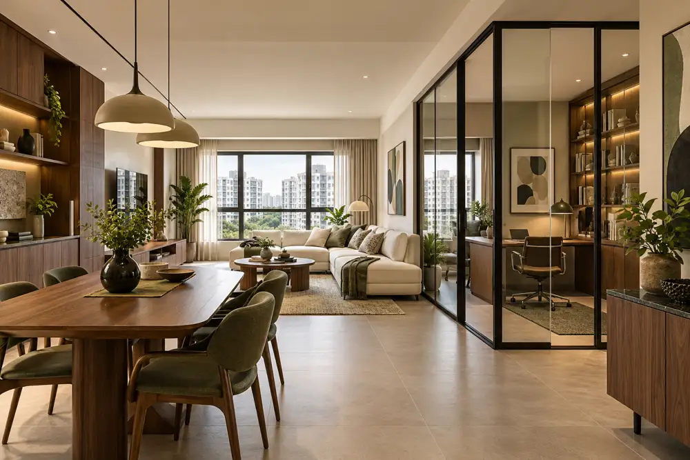 Editorial illustration of a spacious Singapore five-room apartment living and dining area with a dedicated glass-partition study, cream upholstery, walnut storage and muted olive accents, no balcony.