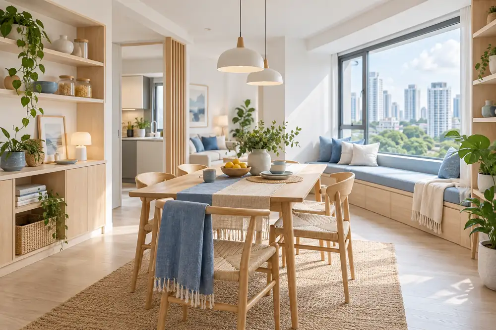 Editorial illustration of a bright Scandinavian apartment dining area with pale birch furniture, white walls, sky-blue textile accents, functional open storage and a window seat, airy daylight.