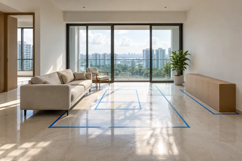 Concept illustration: A bright unfurnished apartment living room with a simple sofa and chair and neat blue painter tape rectangles on the floor marking future furniture positions, blank cardboard cabinet mockup, daylight
