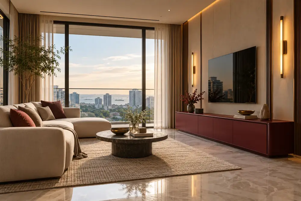 Concept illustration: Condo living room with a newly built low burgundy media console and warm wall lights beside retained marble floor, simple linen sofa and full height windows