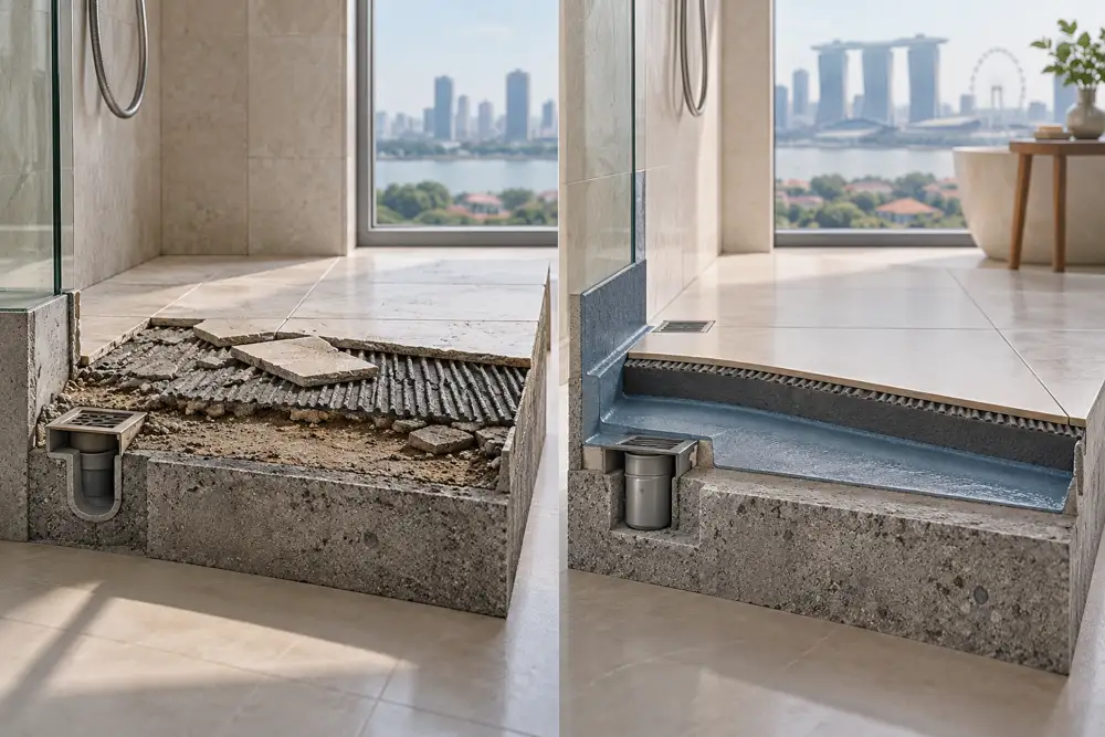 Editorial illustration of a clean editorial split composition showing two miniature bathroom floor cross-section models side by side, one overlay layer and one removed-layer replacement, tile and substrate clearly distinguished through shapes only, no text or arrows with letters.