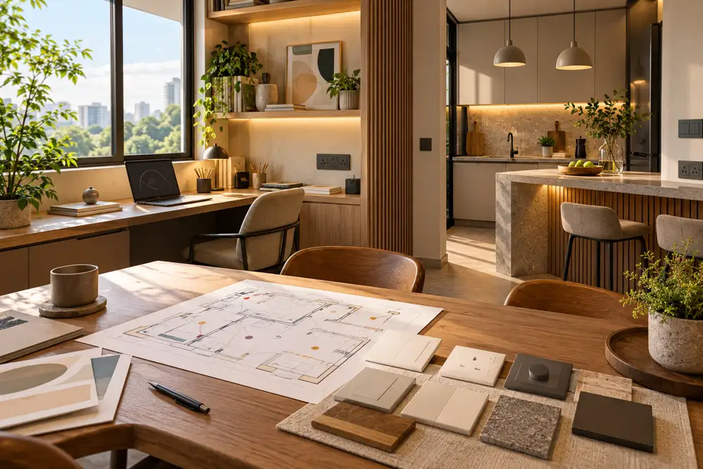 Editorial illustration of an editorial architectural illustration of a contemporary home study and kitchen corner with neatly positioned sockets and warm lighting, an unlabelled point-layout drawing and plain fixture samples on table, no exposed live wiring.