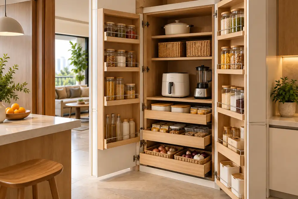 Editorial illustration of a tall organised home pantry cabinet with pull-out shelves, plain unlabelled jars, baskets and small appliance compartment, honey oak and creamy white finishes.