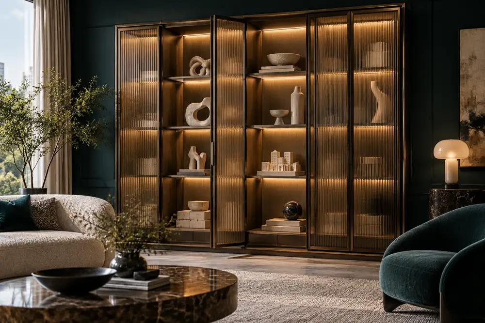Concept illustration: A refined living room display cabinet with fluted bronze-toned glass doors and adjustable softly lit shelves displaying abstract ceramic sculptures and plain miniature models, dark teal wall, no text