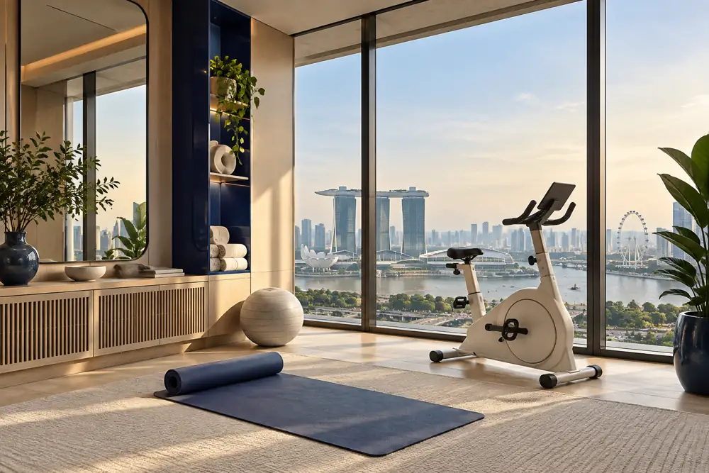 Concept illustration: A modern compact condo exercise alcove with a folded exercise mat, a small neutral stationary bike, ventilated low storage and a mirror beside full-height windows, cobalt and cream accents