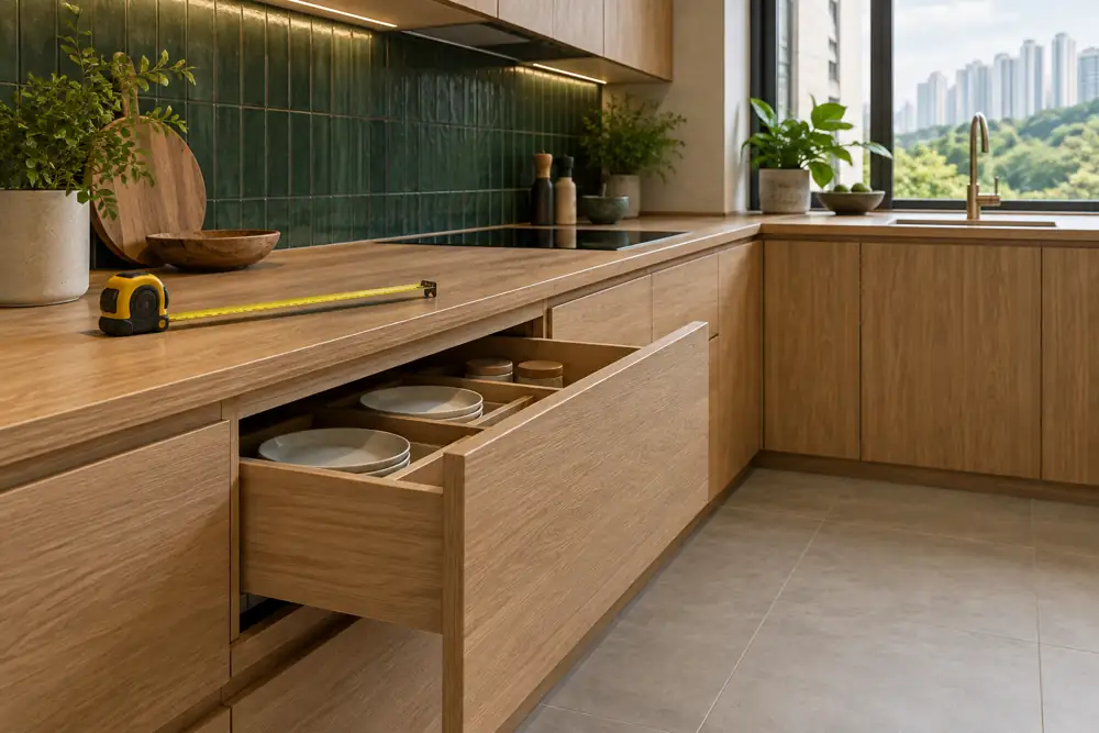 Concept illustration: Architectural close-up of a new L-shaped oak kitchen cabinet run with one open drawer and unmarked measuring tape laid on the worktop, forest green backsplash, no text