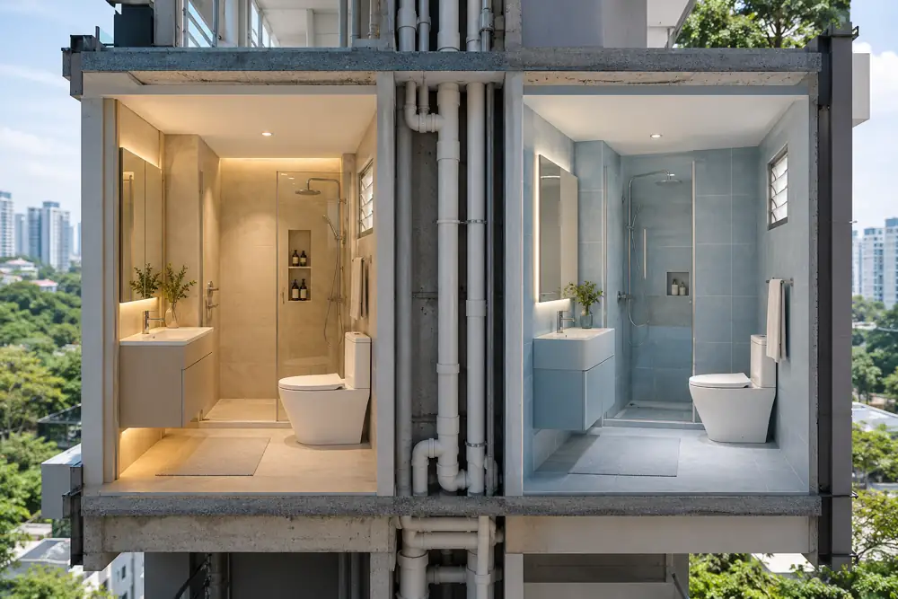 Concept illustration: Architectural dollhouse cutaway of two different compact adjacent bathrooms, one cream and one pale blue, coordinated plumbing service wall, realistic renovation concept