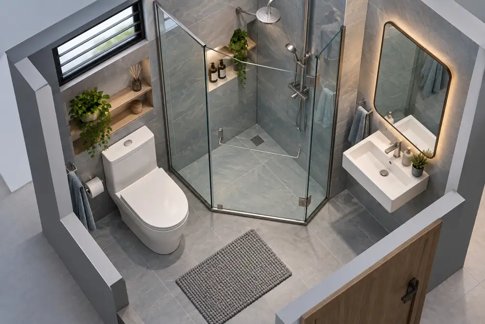 Editorial illustration of an isometric compact HDB bathroom layout illustration with toilet, corner glass shower, narrow wall-hung basin and clear floor circulation, muted blue-grey tiles, no technical dimensions.