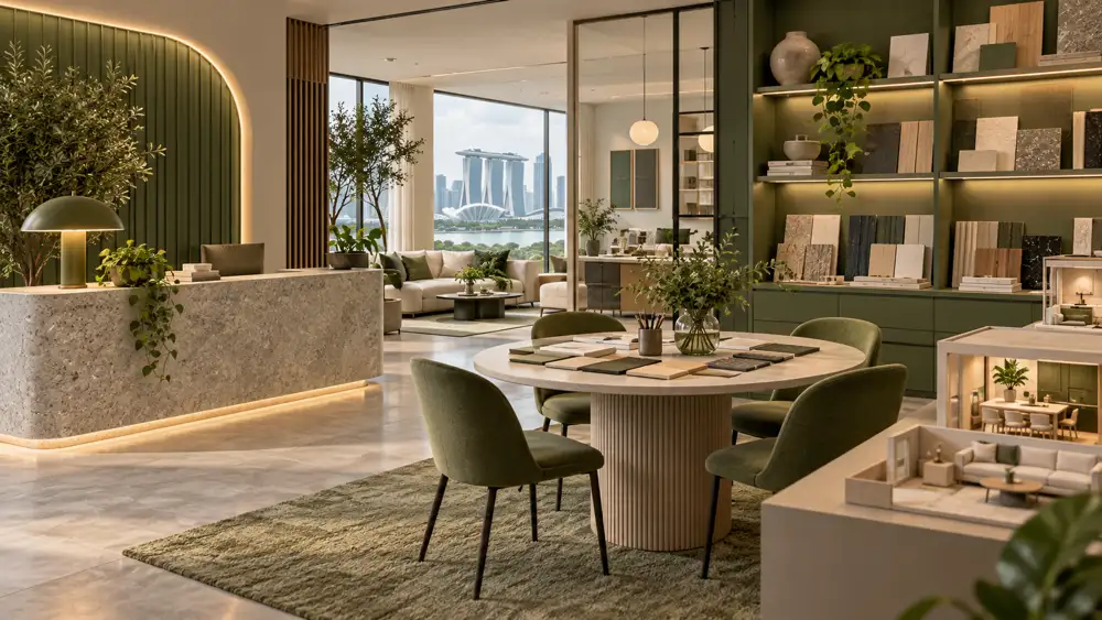 Editorial illustration of a refined interior design studio reception with sample library shelves, miniature room prototypes and a round consultation table, moss green and ivory palette.