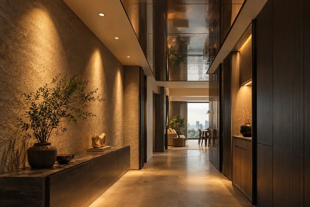 Editorial illustration of an editorial reflected-ceiling cutaway of a home corridor with carefully spaced recessed downlights washing a textured wall, amber pools of light and charcoal joinery.