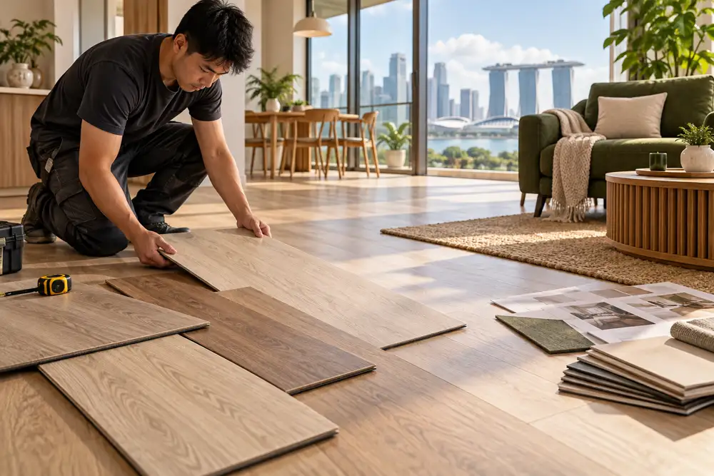 Editorial illustration of a large close foreground of light wood-look vinyl planks in a sunlit Singapore apartment, installer sample boards with no labels and a cosy green armchair in background.