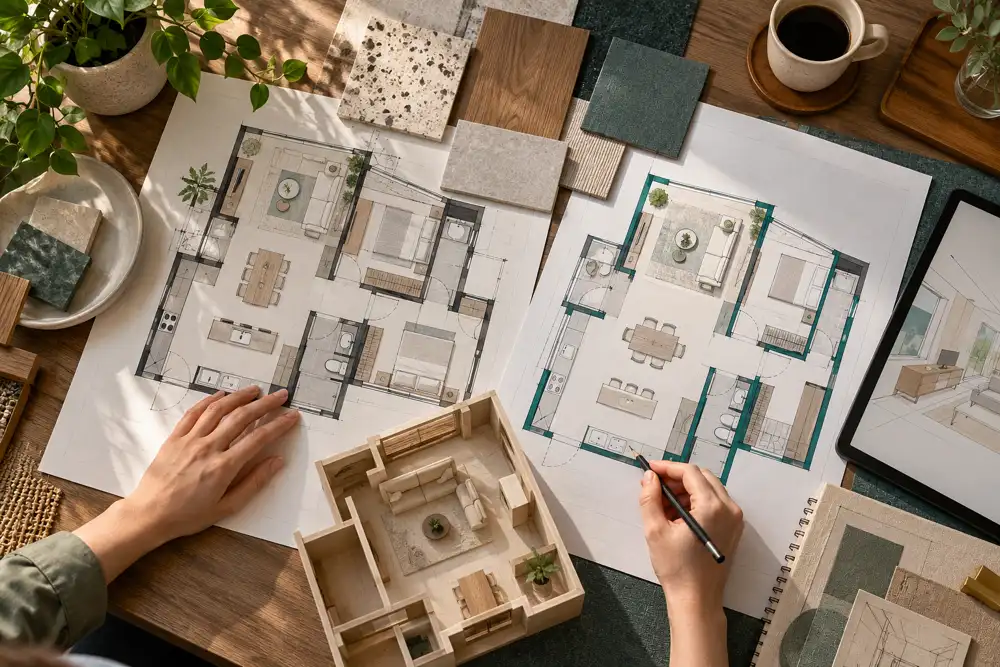 Editorial illustration of an overhead editorial illustration of two distinct unlabelled floor-plan revisions, one marked with abstract teal outlines, a material replacement sample, pencil and small wooden room model; focused revision-planning scene.