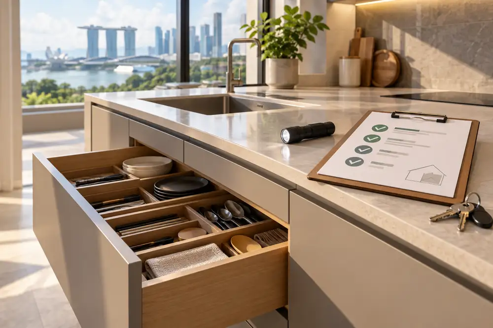 Editorial illustration of an editorial close-up of a finished kitchen cabinet with open drawer, plain clipboard showing abstract checkmark icons with no words, small flashlight and keys on countertop, bright clean handover inspection atmosphere.