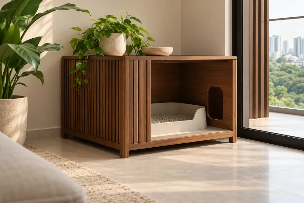 Concept illustration: Tasteful open-sided pet litter enclosure in warm walnut joinery with removable tray, small cat entry opening and washable pale floor, empty calm apartment corner, no animal