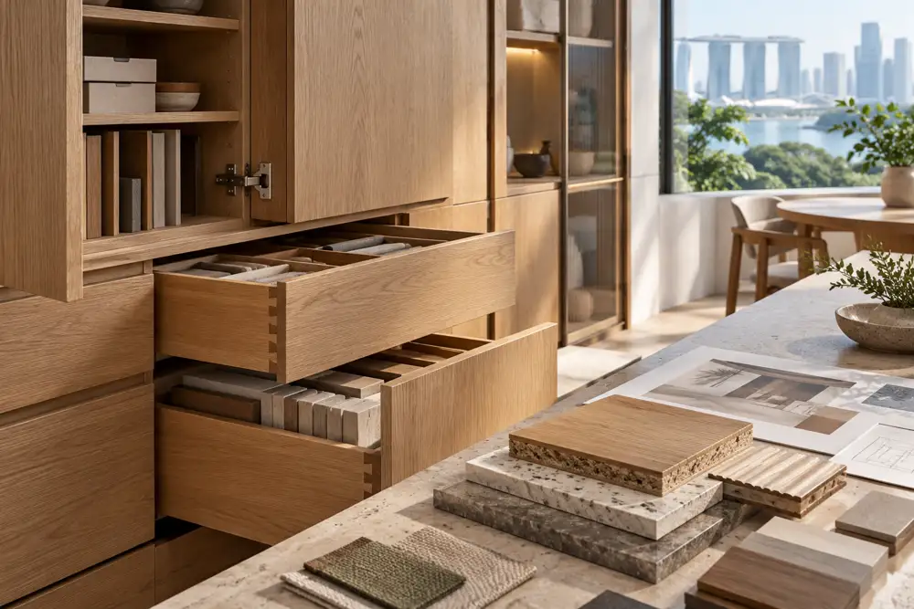 Editorial illustration of close architectural detail of custom oak cabinetry with partially open drawers showing quality joinery, hinges and organised internal shelves, material cross-section samples on a workbench, no tools with brands.
