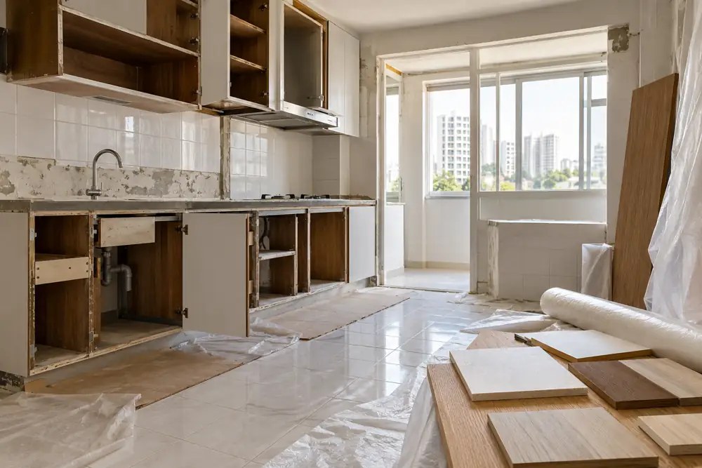 Concept illustration: Photorealistic renovation planning scene with half-open old kitchen cabinets beside clean retained floor tiles and a new timber sample board, careful protection sheets, no workers