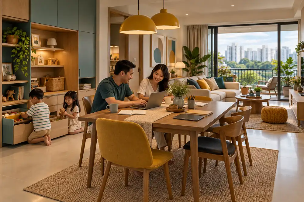 Editorial illustration of a Singapore family home showing a flexible dining-work table, children's concealed storage and comfortable living zone, cheerful muted mustard and teal accents, realistic lived-in organisation.