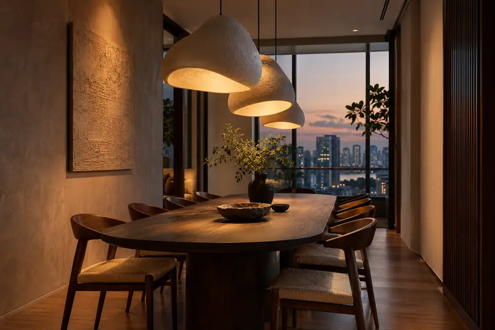 Editorial illustration of three sculptural opaque pendant lamps above a long dark wood dining table in a narrow city apartment, focused warm pools of light at dusk, no cabinetry.