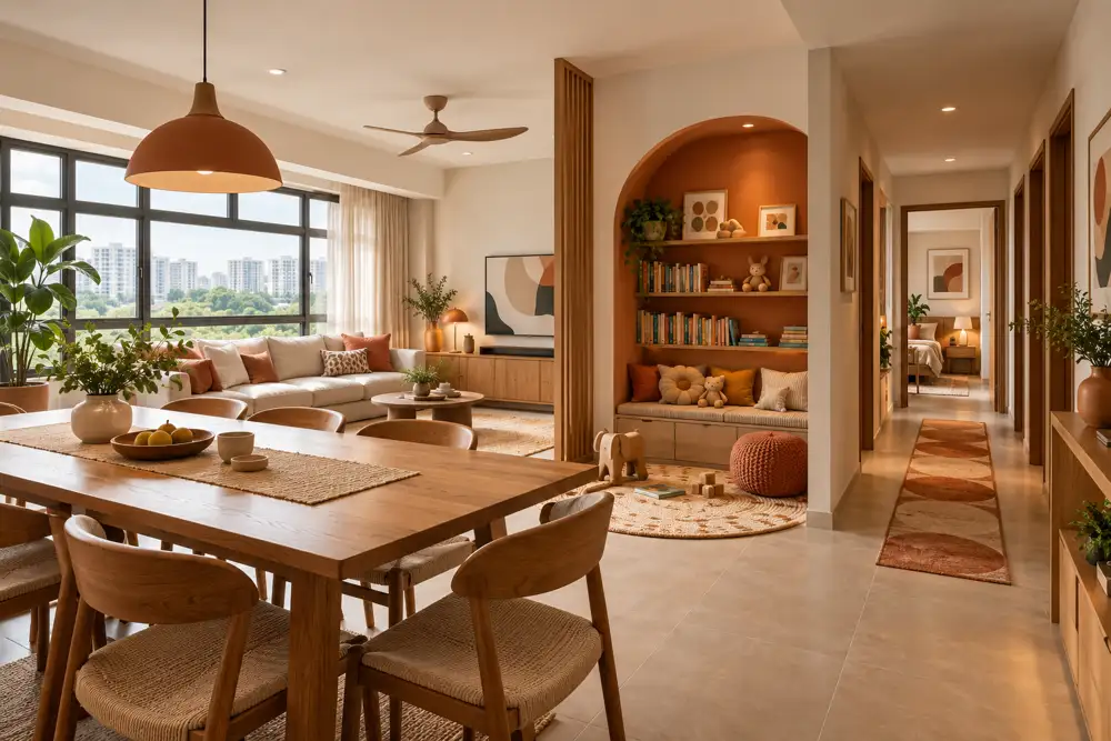 Editorial illustration of a Singapore four-room family apartment with a long oak dining table, comfortable living area, children's reading nook and a separate hallway leading to bedrooms, soft terracotta accents.