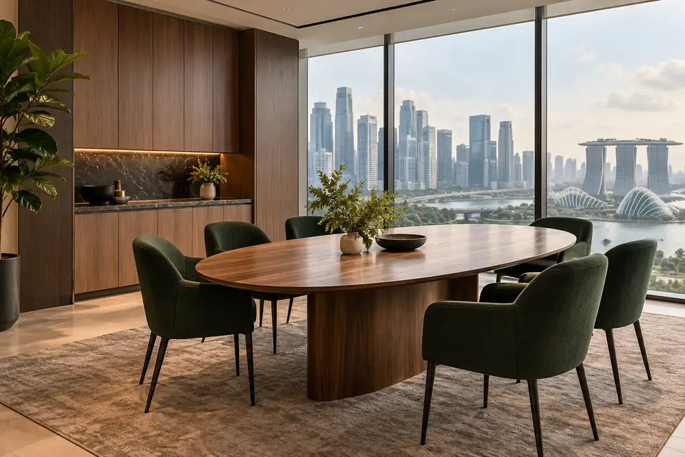 Concept illustration: Elegant office client room with long oval walnut meeting table, deep green upholstered chairs, discreet closed hospitality cabinet and glass skyline view, no branding