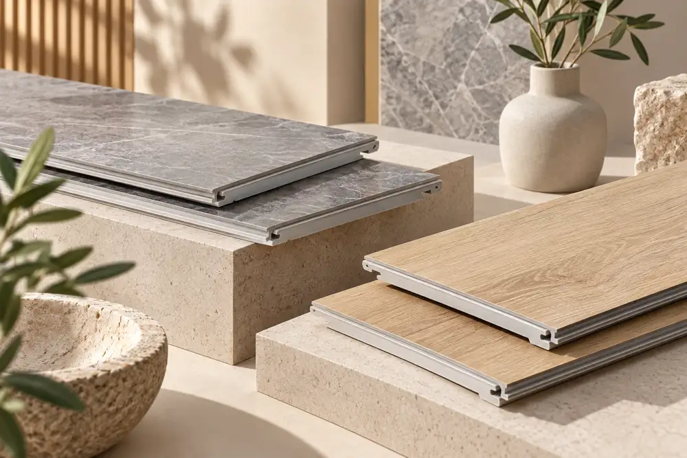 Editorial illustration of an editorial product still life of unlabelled rigid-core flooring plank cross-sections with click profiles visible, grey stone-look and pale oak-look samples on neutral beige plinths.