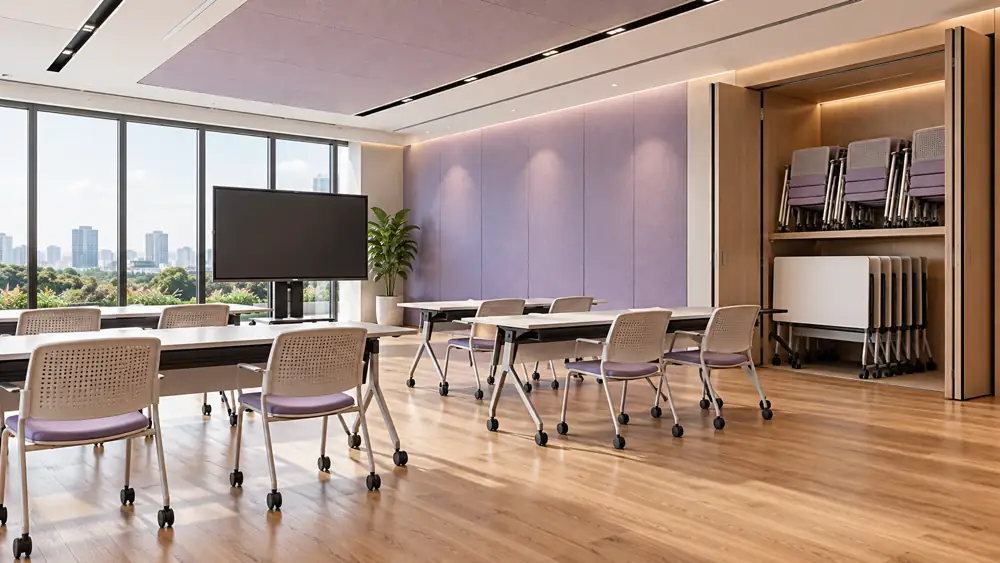 Concept illustration: A flexible office training room with nested folding tables and stacked chairs inside a wide open wall cupboard, one mobile display screen with blank screen, lilac acoustic panels and warm timber floor
