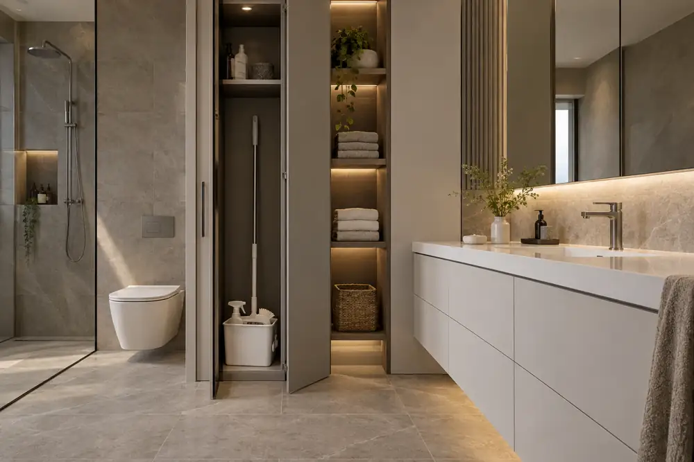 Concept illustration: A warm grey contemporary bathroom with a narrow closed-door cleaning cabinet opened to show an unmarked caddy and brush, separate neat linen shelf, white vanity and matte tile floor