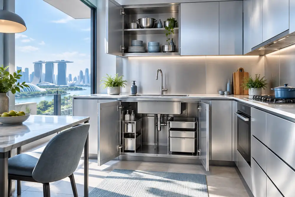 Editorial illustration of a crisp contemporary compact kitchen with brushed aluminium cabinet interiors and pale metallic doors, sink base open revealing clean metal construction, cool white and soft blue palette.