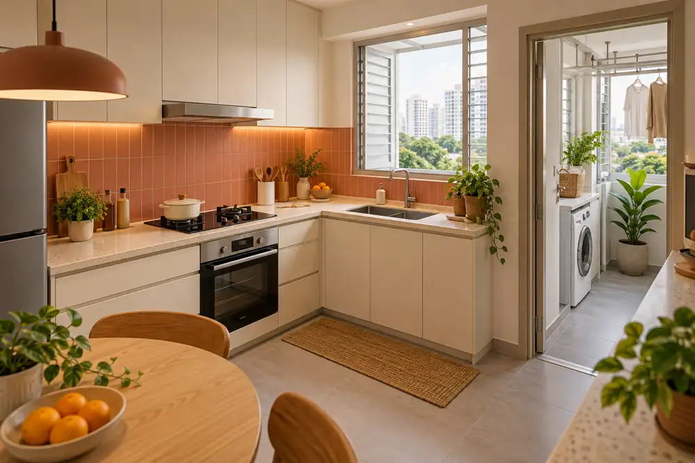 Editorial illustration of an efficient compact HDB kitchen with L-shaped layout, integrated laundry service area visible through doorway, durable cream cabinetry and coral backsplash, elevated architectural view.