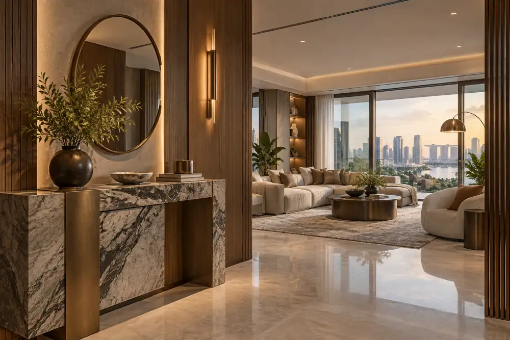 Editorial illustration of a restrained modern luxury apartment foyer and living area with veined stone console, bronze details, walnut panels and sculptural ambient lighting, tasteful not ostentatious.