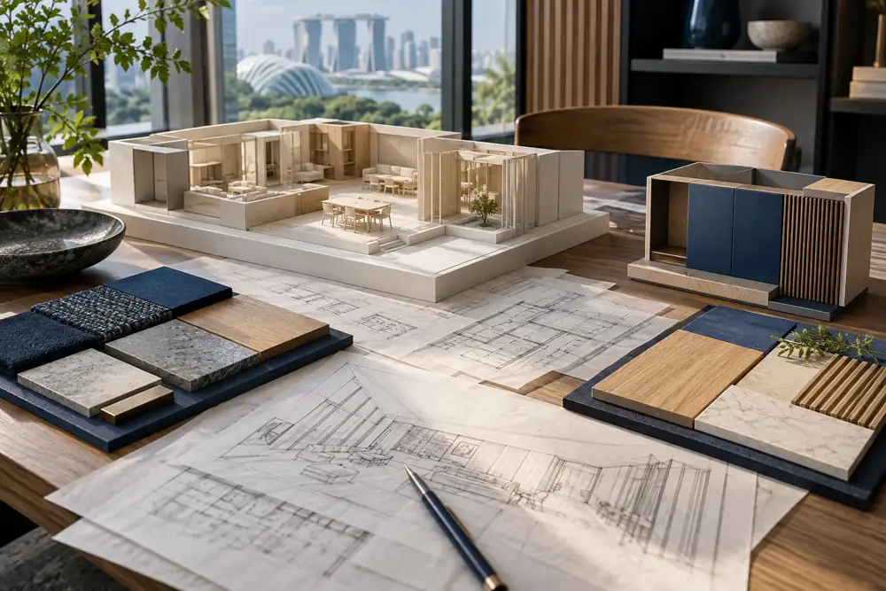 Concept illustration: Designer meeting desk with an unlabelled architectural model, layered tracing sheets, two different material boards and a small scale cabinet detail model, cobalt and oak palette