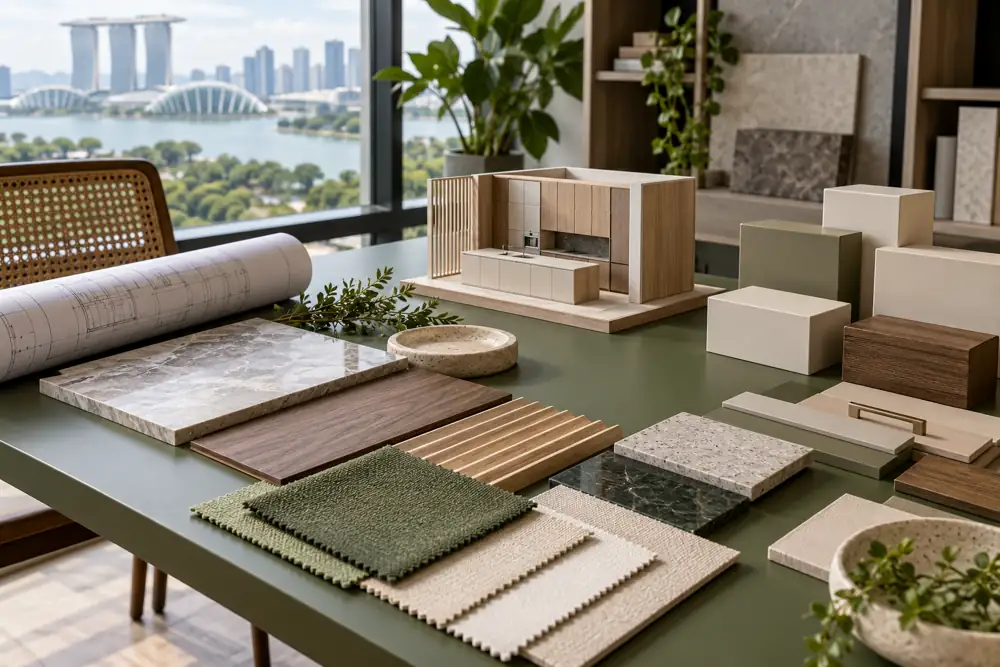 Concept illustration: Interior design studio table with unlabelled material boards, cabinet scale model, blank product sample boxes and a rolled architectural plan, moss green desk